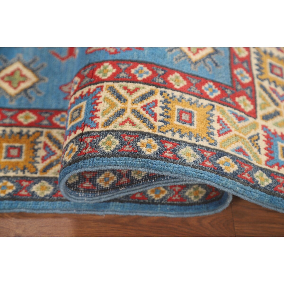 Blue Geometric Kazak Accent Rug Hand-Knotted Bedroom Wool Carpet - 2'7" x 4'0"