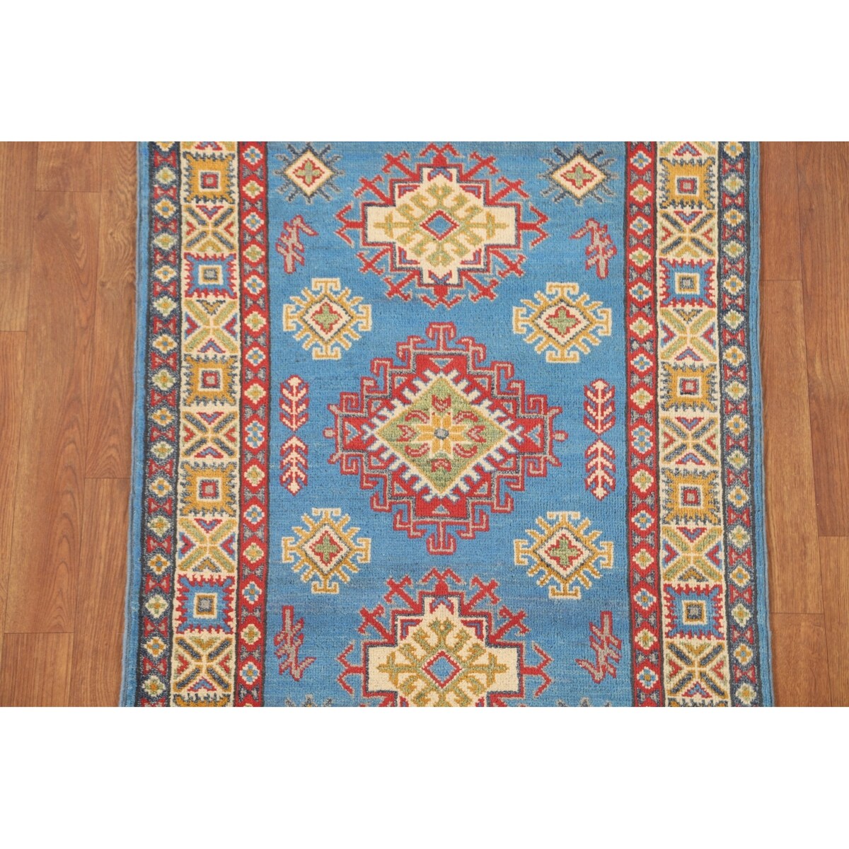 Blue Geometric Kazak Accent Rug Hand-Knotted Bedroom Wool Carpet - 2'7" x 4'0"