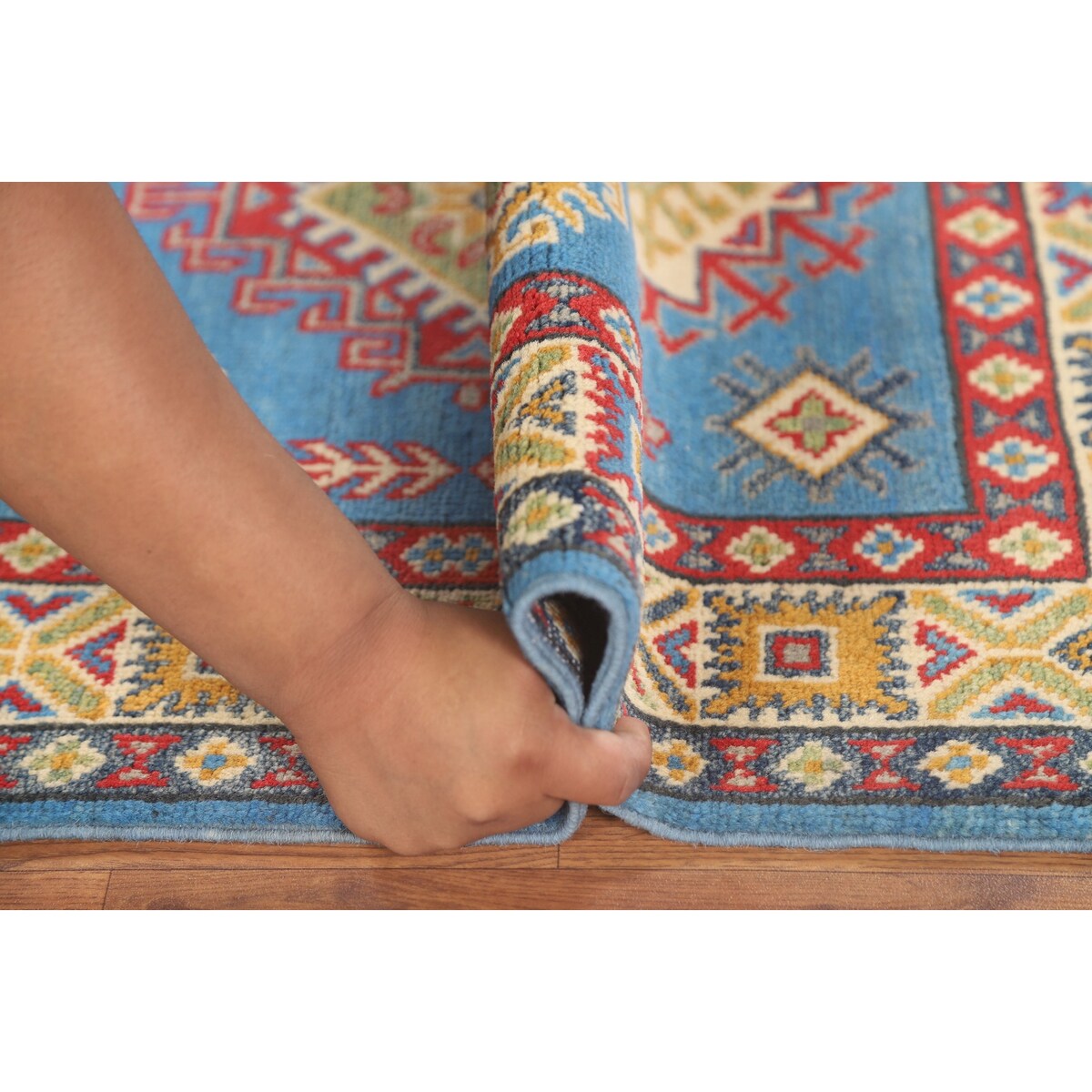 Blue Geometric Kazak Accent Rug Hand-Knotted Bedroom Wool Carpet - 2'7" x 4'0"