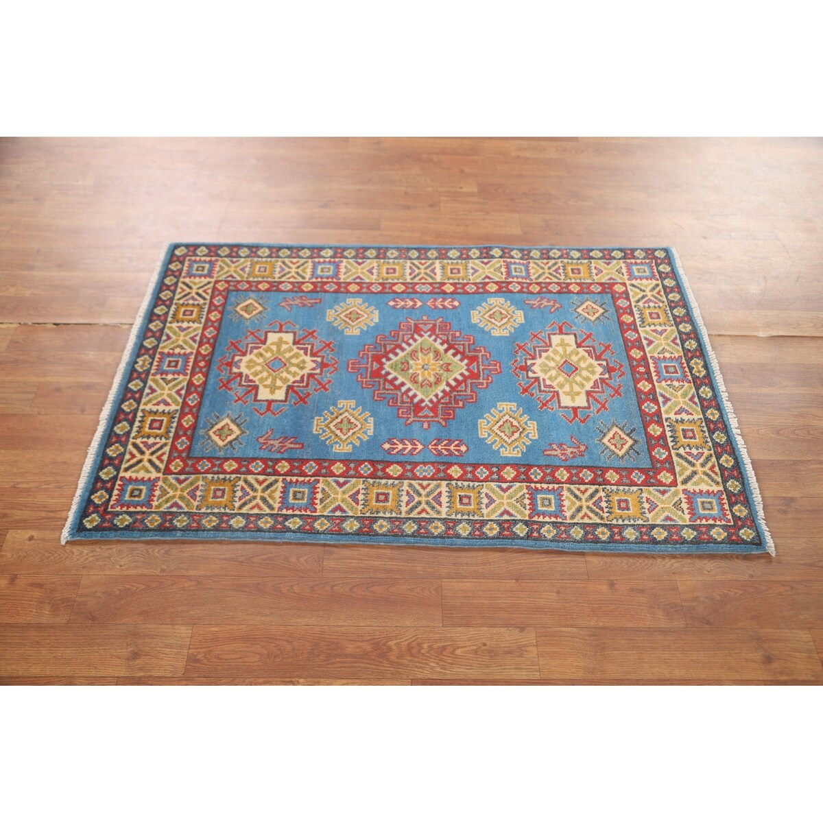 Blue Geometric Kazak Accent Rug Hand-Knotted Bedroom Wool Carpet - 2'7" x 4'0"