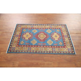 Blue Geometric Kazak Accent Rug Hand-Knotted Bedroom Wool Carpet - 2'7" x 4'0"