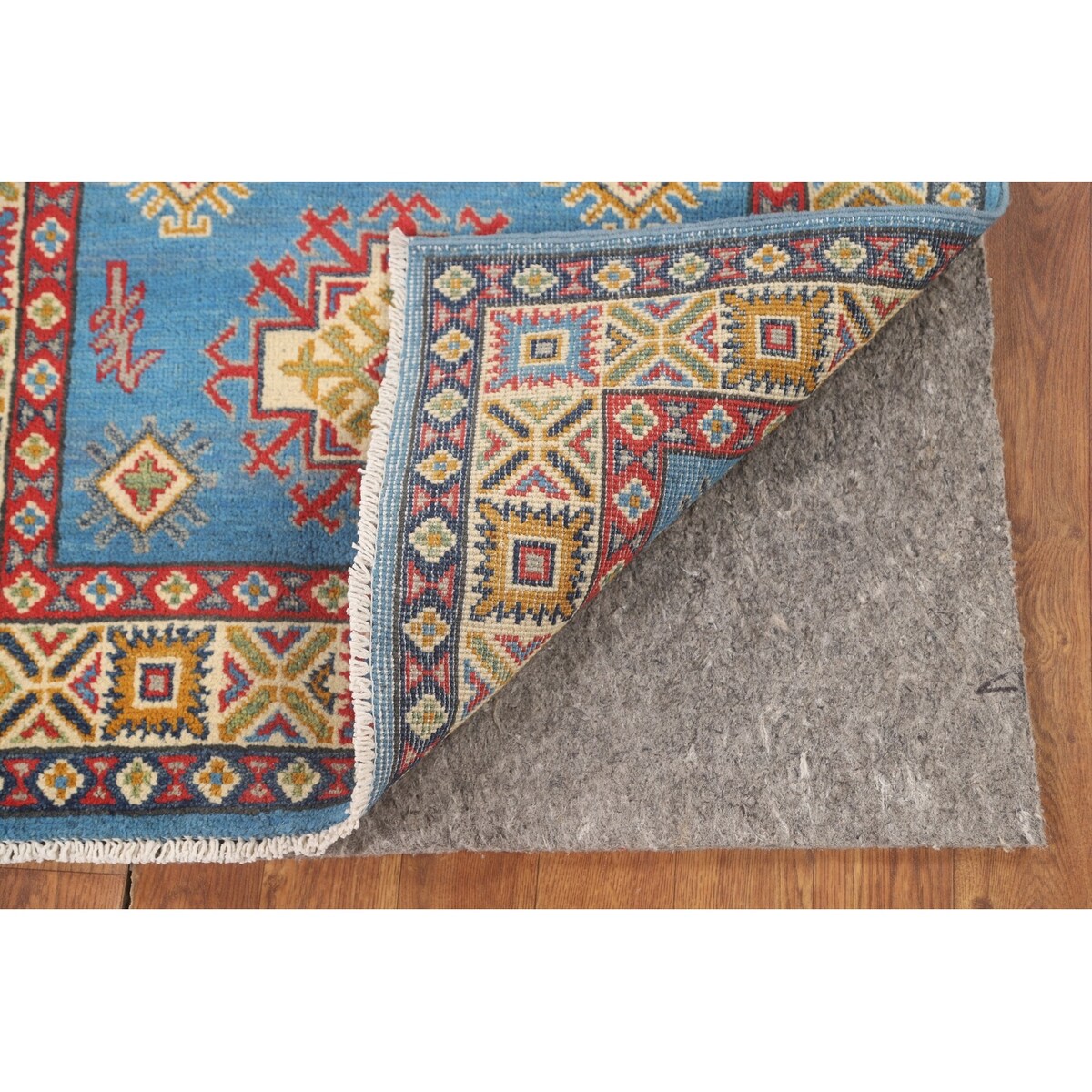 Blue Geometric Kazak Accent Rug Hand-Knotted Bedroom Wool Carpet - 2'7" x 4'0"