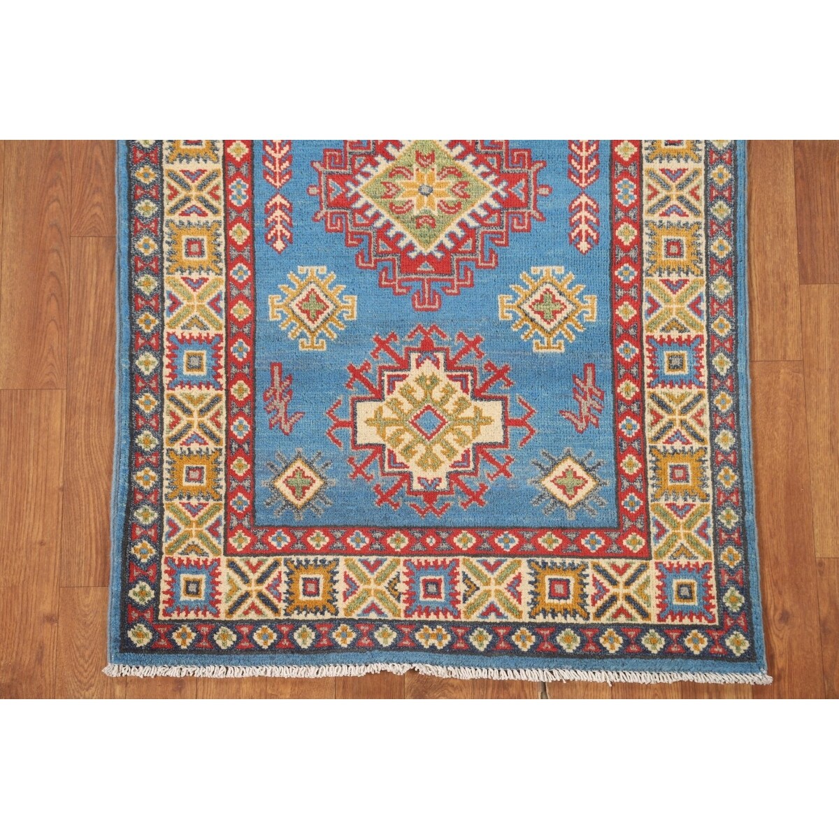 Blue Geometric Kazak Accent Rug Hand-Knotted Bedroom Wool Carpet - 2'7" x 4'0"