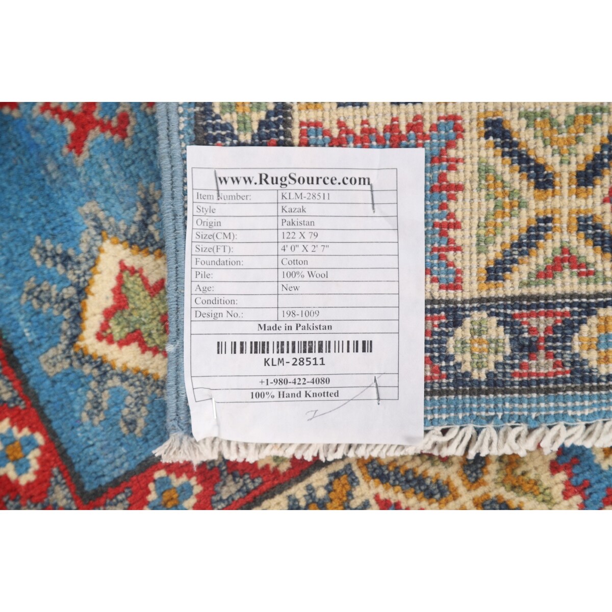 Blue Geometric Kazak Accent Rug Hand-Knotted Bedroom Wool Carpet - 2'7" x 4'0"