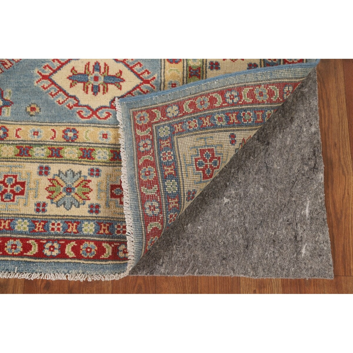 Blue Geometric Kazak Area Rug Handmade Wool Carpet - 5'0" x 6'6"