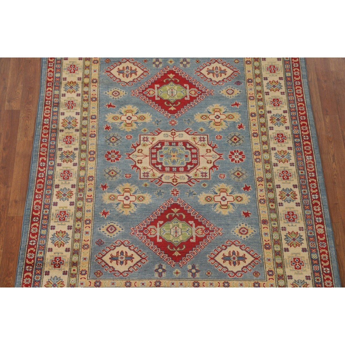 Blue Geometric Kazak Area Rug Handmade Wool Carpet - 5'0" x 6'6"
