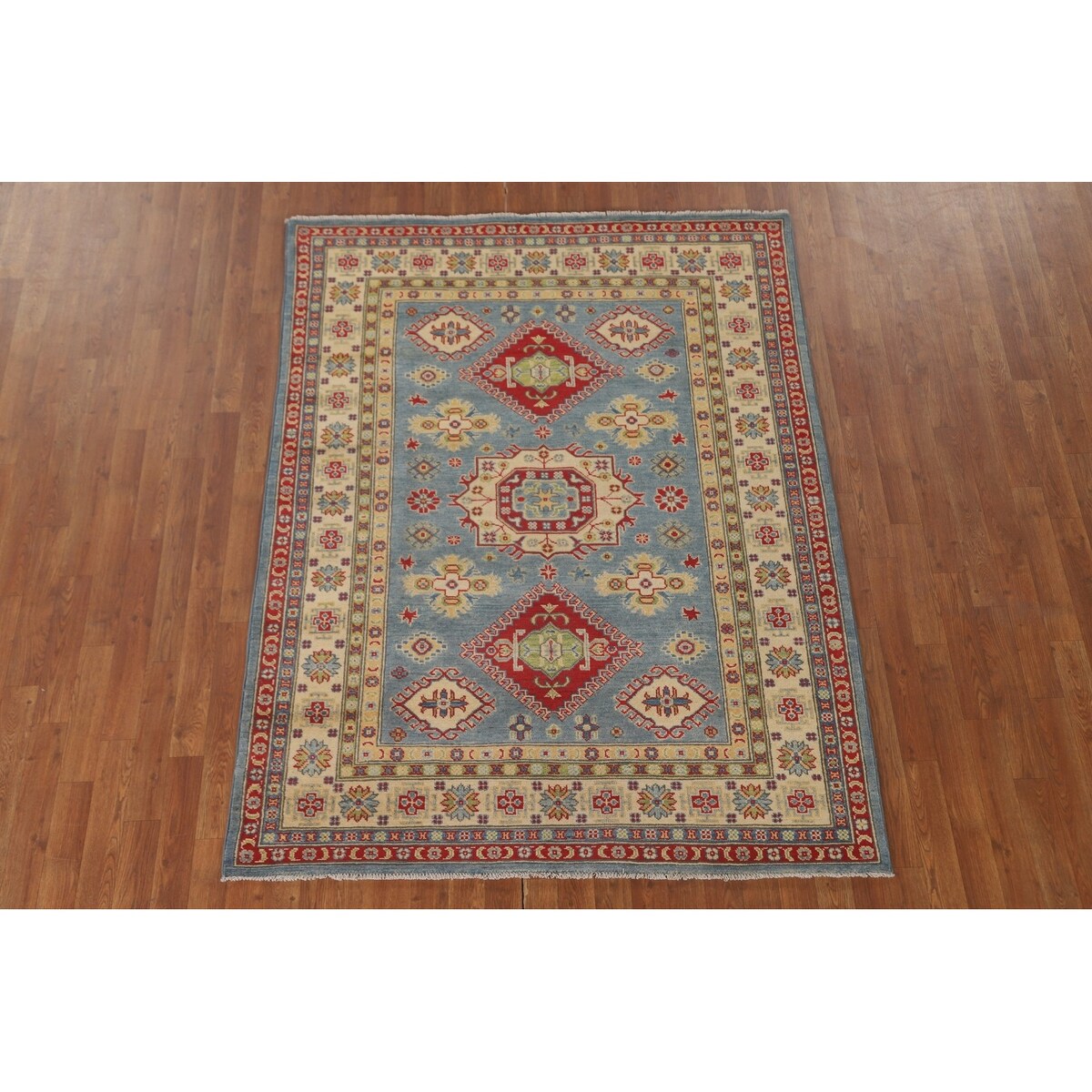 Blue Geometric Kazak Area Rug Handmade Wool Carpet - 5'0" x 6'6"