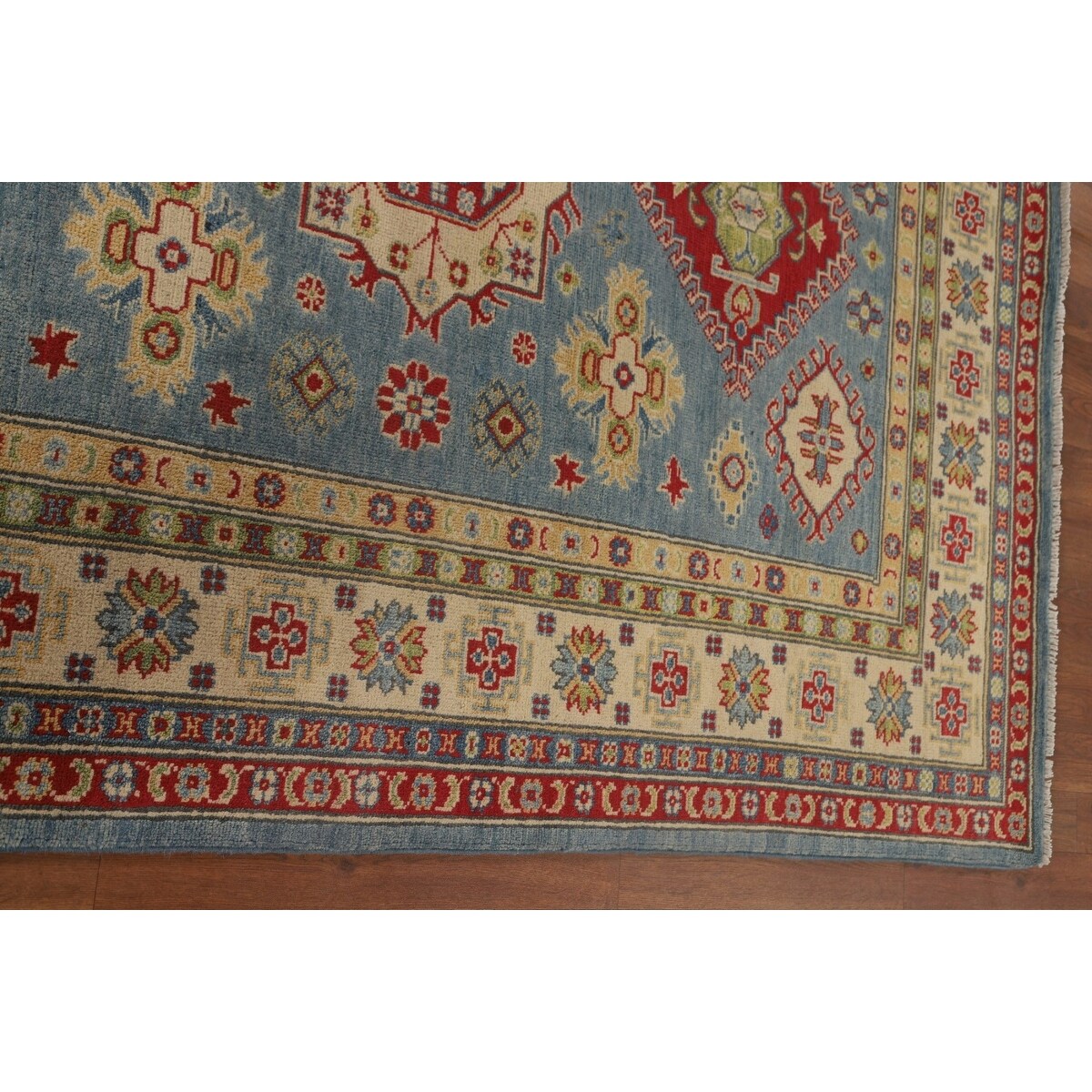 Blue Geometric Kazak Area Rug Handmade Wool Carpet - 5'0" x 6'6"