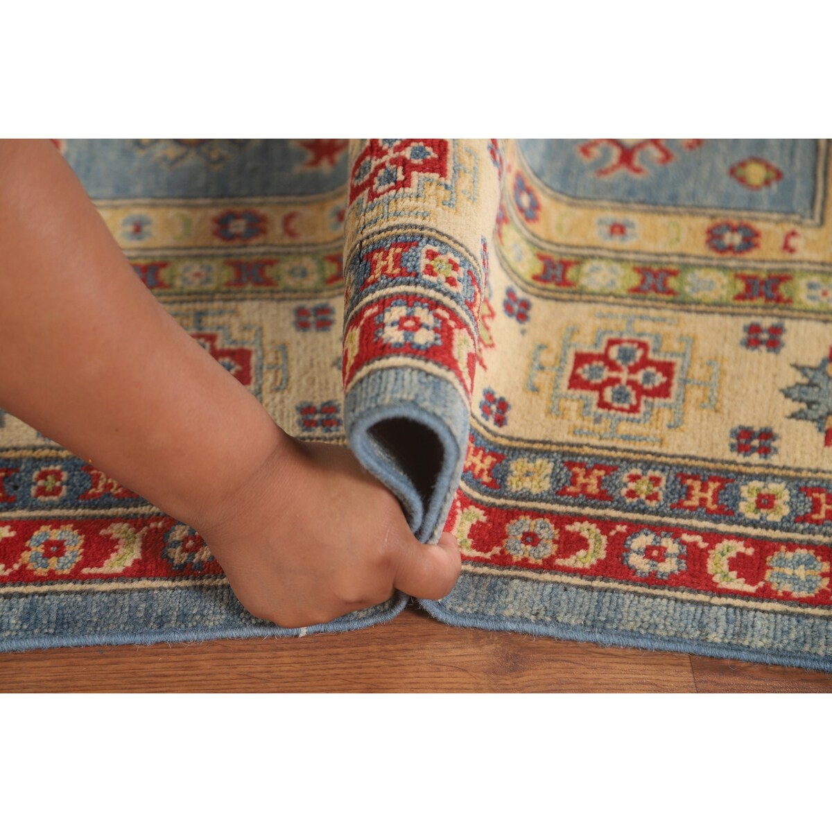 Blue Geometric Kazak Area Rug Handmade Wool Carpet - 5'0" x 6'6"