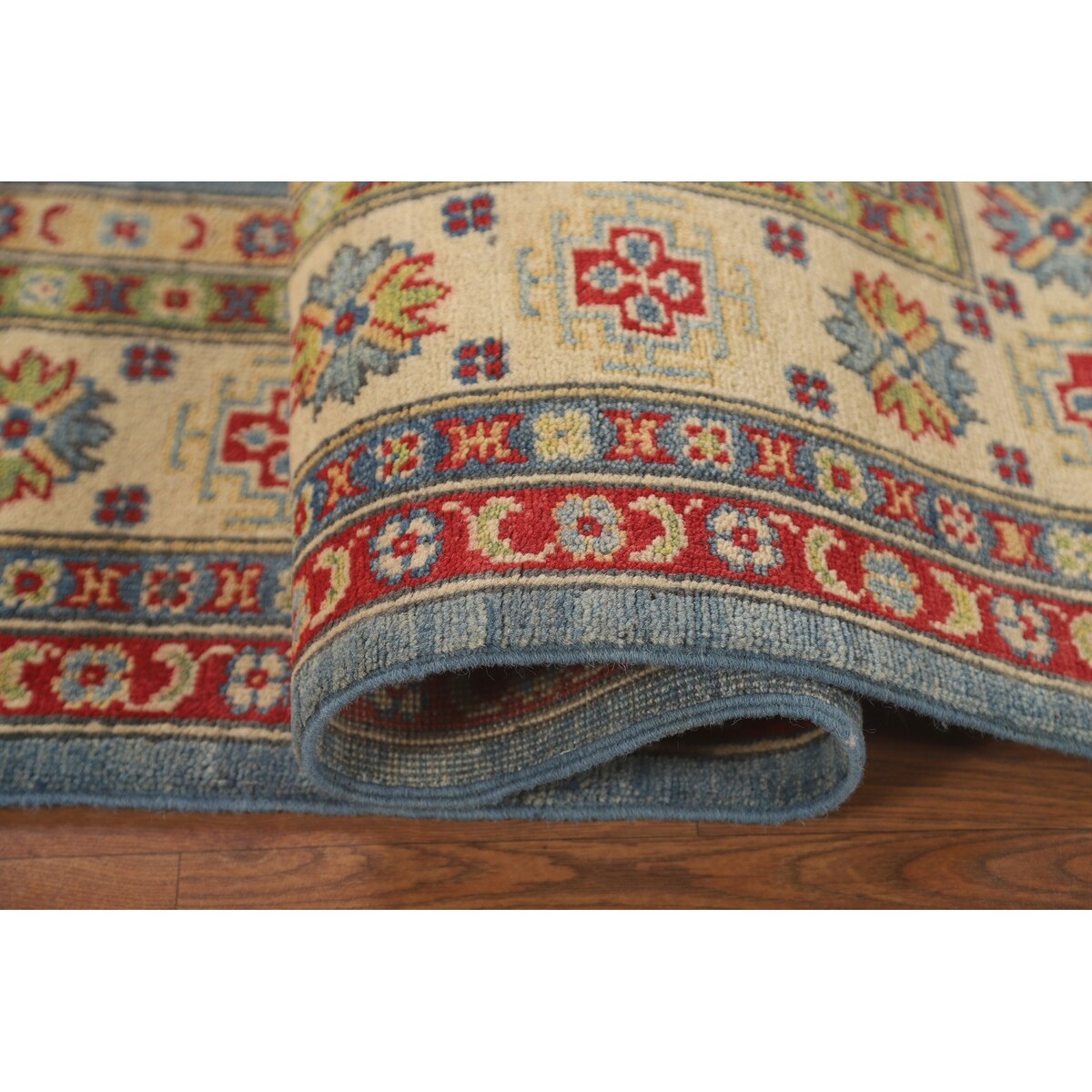 Blue Geometric Kazak Area Rug Handmade Wool Carpet - 5'0" x 6'6"