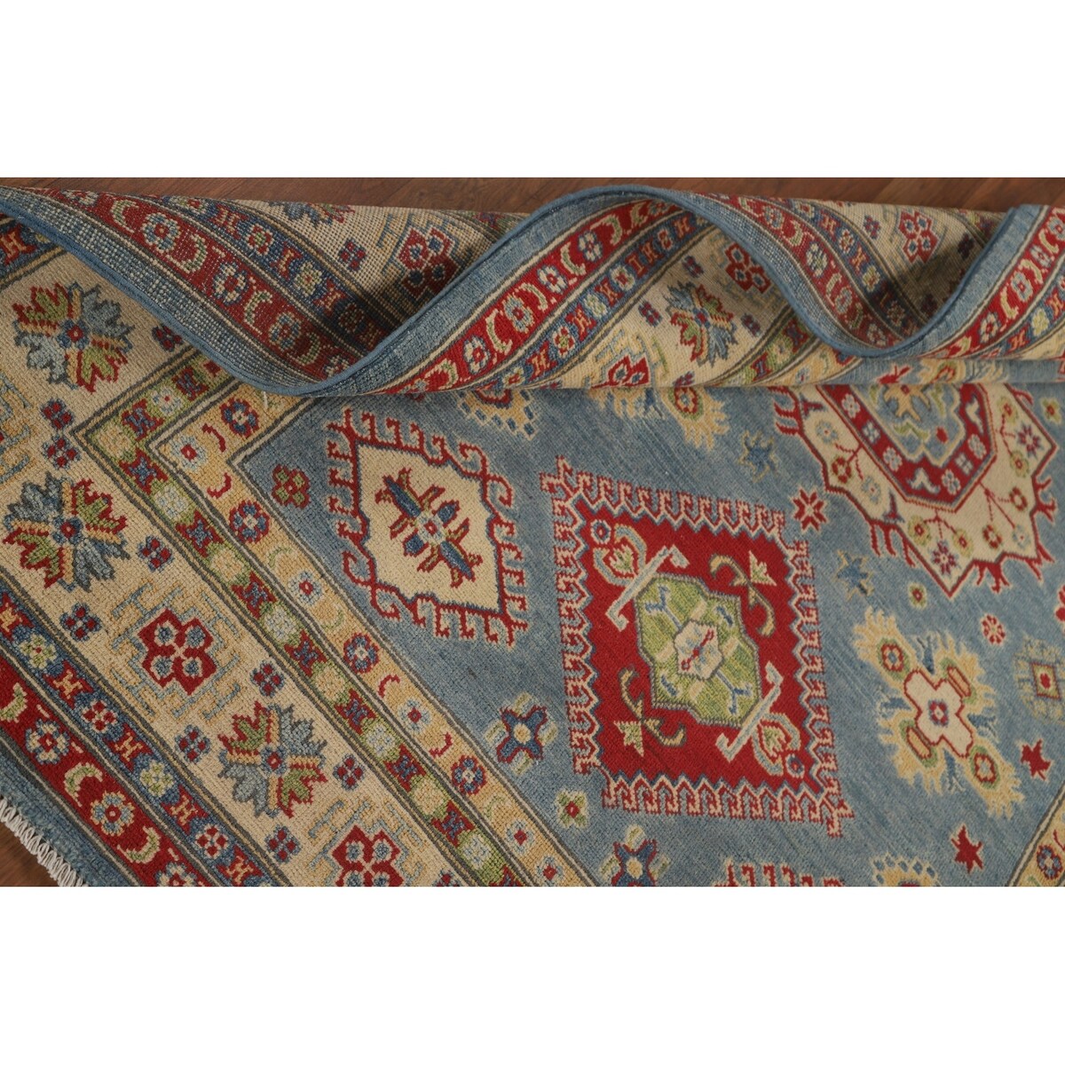 Blue Geometric Kazak Area Rug Handmade Wool Carpet - 5'0" x 6'6"
