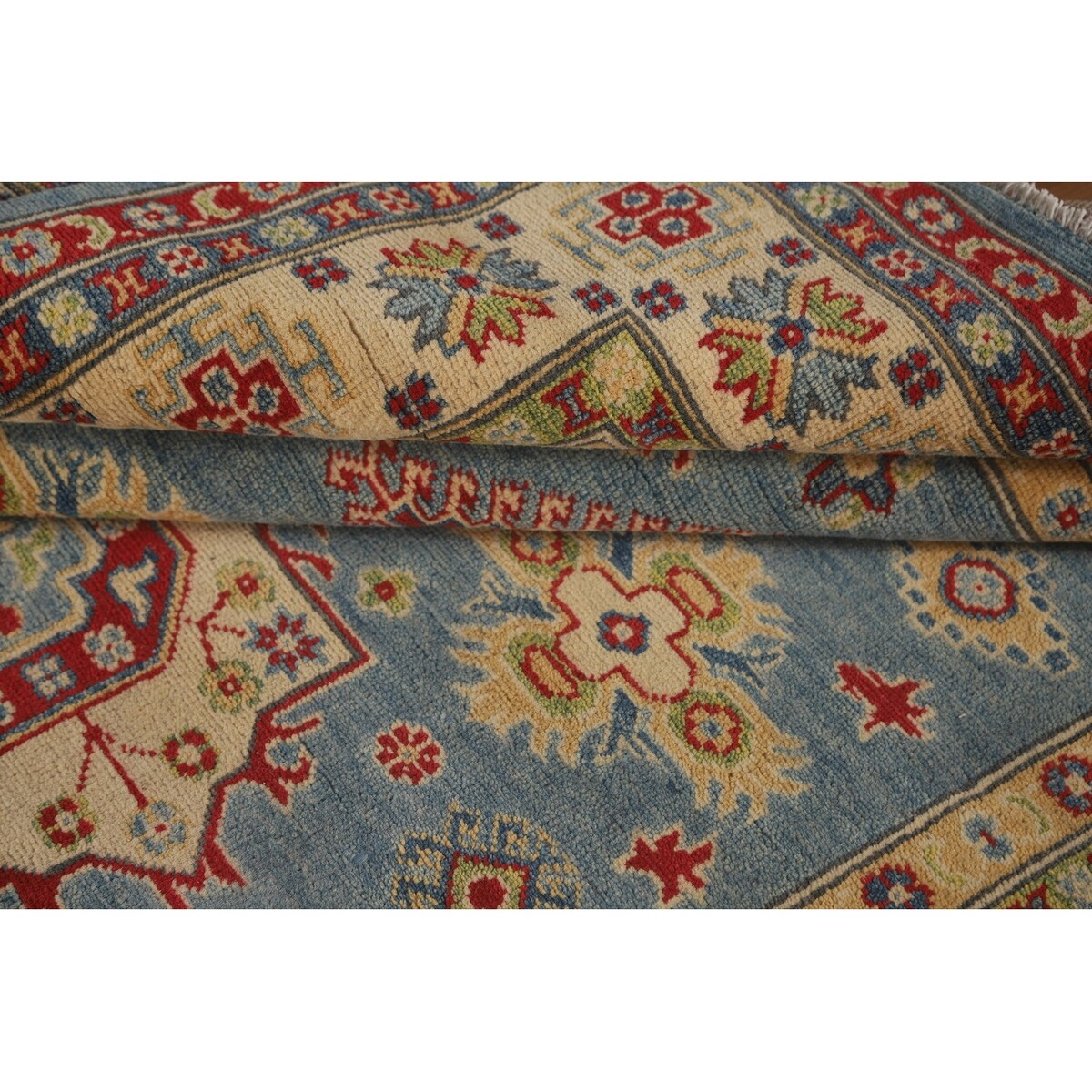 Blue Geometric Kazak Area Rug Handmade Wool Carpet - 5'0" x 6'6"