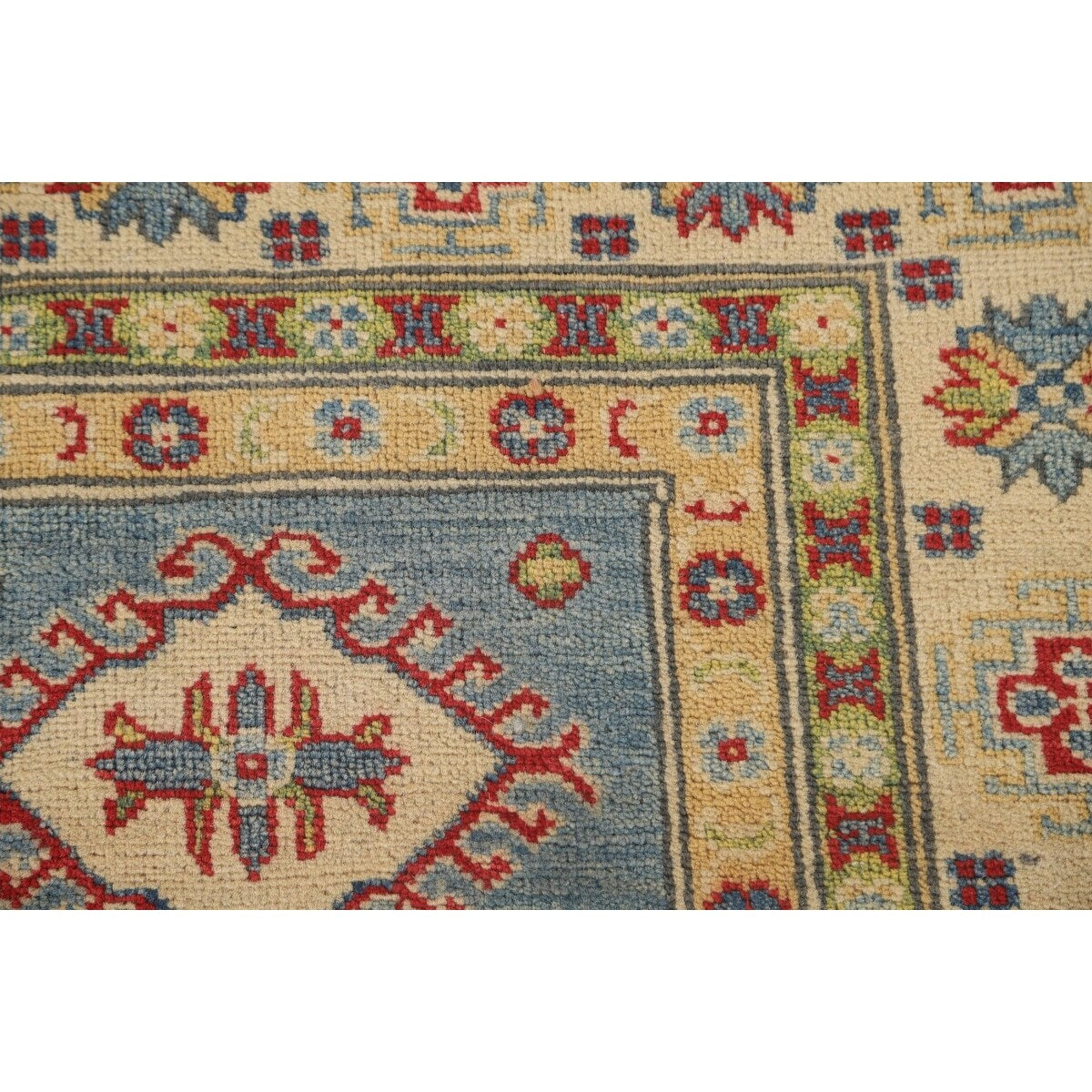 Blue Geometric Kazak Area Rug Handmade Wool Carpet - 5'0" x 6'6"