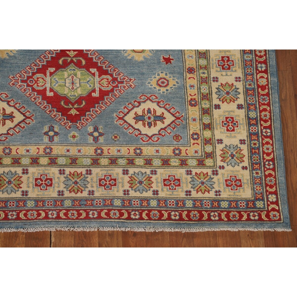 Blue Geometric Kazak Area Rug Handmade Wool Carpet - 5'0" x 6'6"