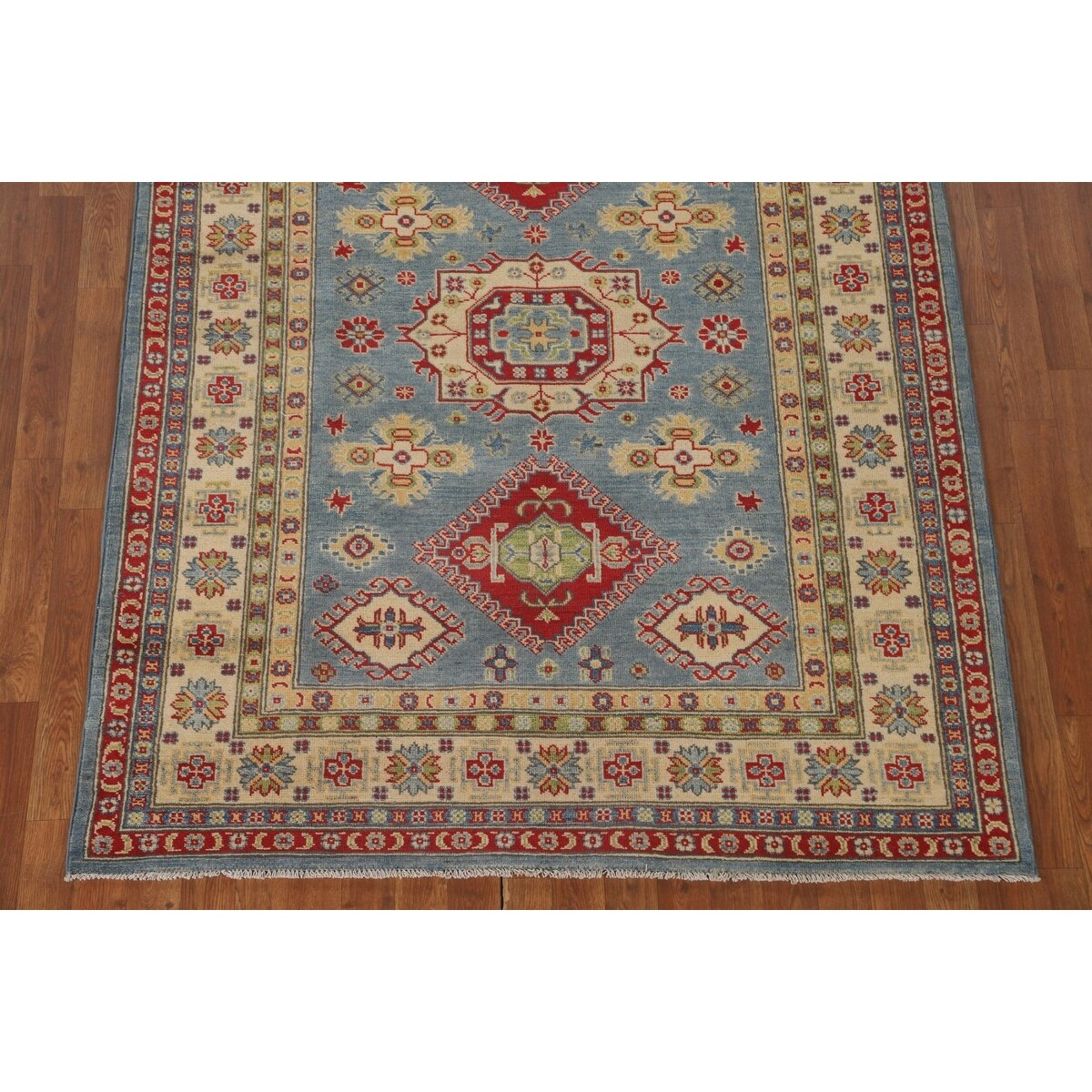 Blue Geometric Kazak Area Rug Handmade Wool Carpet - 5'0" x 6'6"