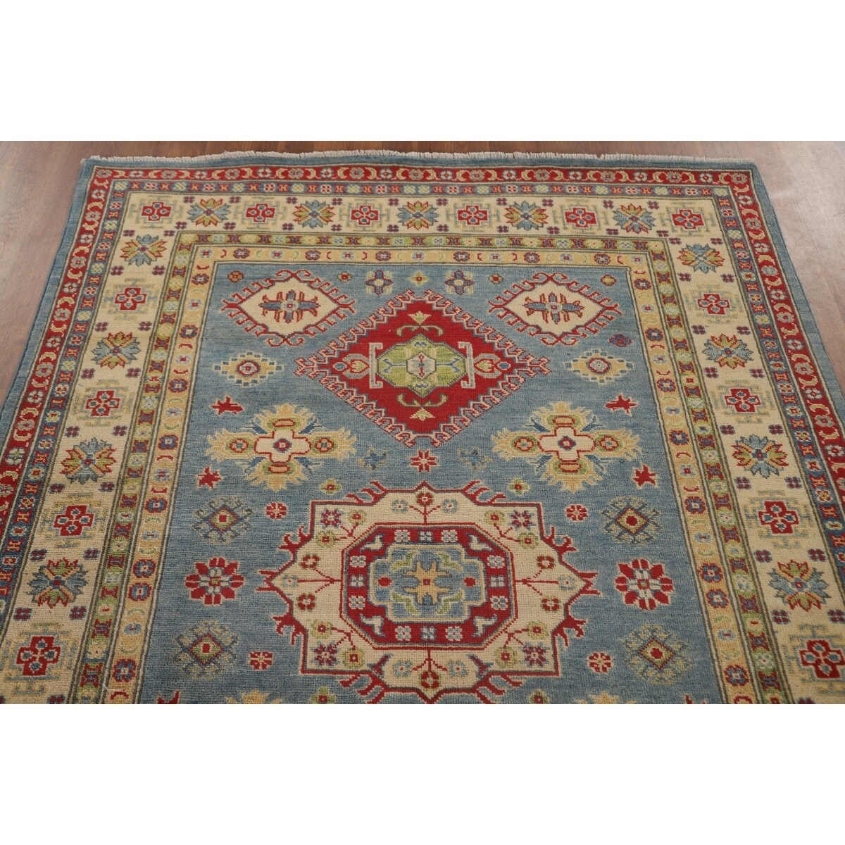 Blue Geometric Kazak Area Rug Handmade Wool Carpet - 5'0" x 6'6"