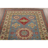 Blue Geometric Kazak Area Rug Handmade Wool Carpet - 5'0" x 6'6"