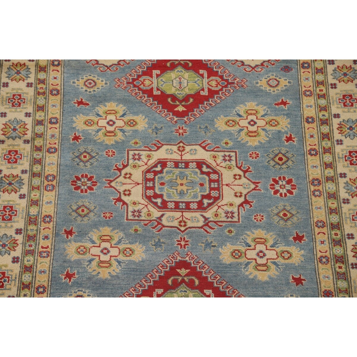 Blue Geometric Kazak Area Rug Handmade Wool Carpet - 5'0" x 6'6"