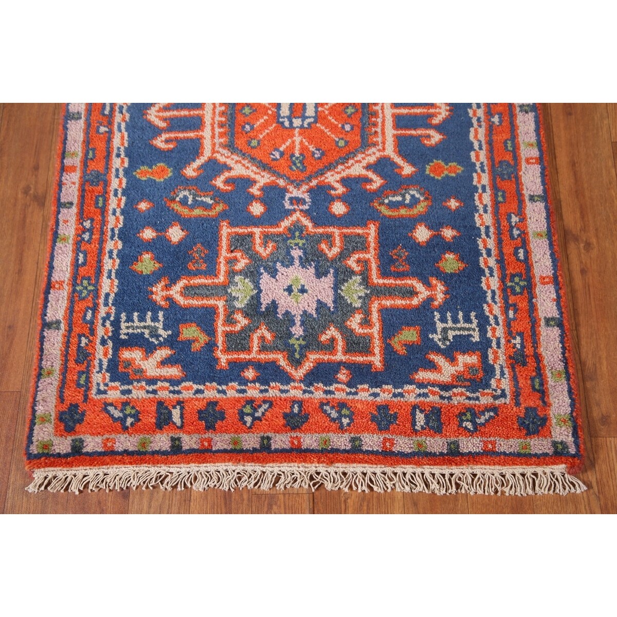 Blue Geometric Kazak Runner Rug Handmade Wool Carpet - 2'6"x 10'1"