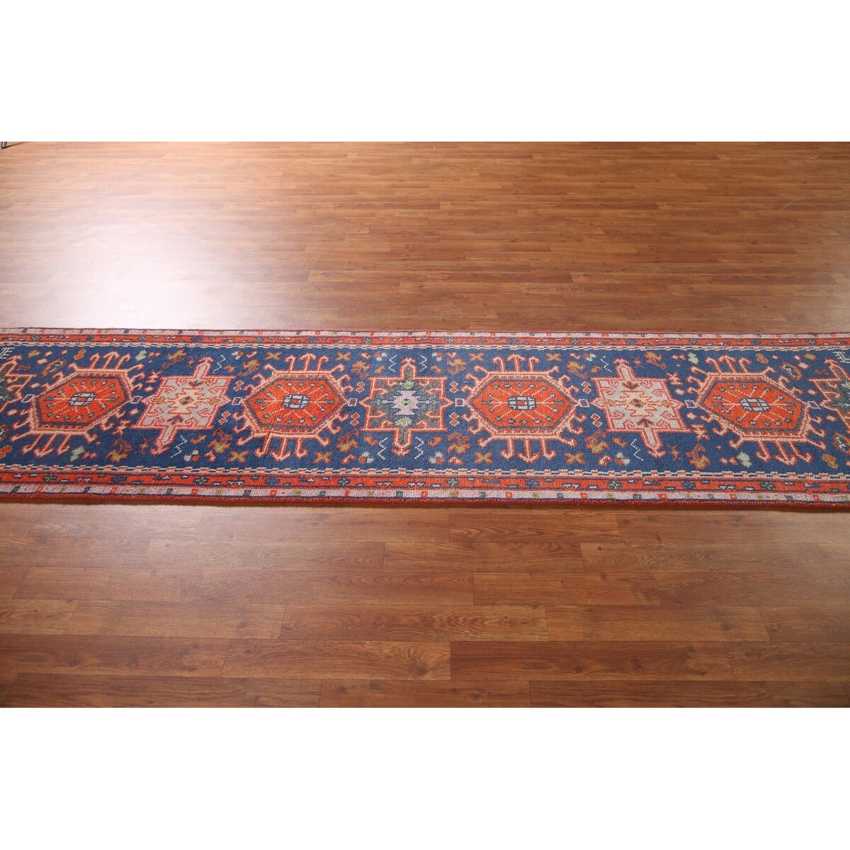 Blue Geometric Kazak Runner Rug Handmade Wool Carpet - 2'6"x 10'1"