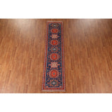 Blue Geometric Kazak Runner Rug Handmade Wool Carpet - 2'6"x 10'1"