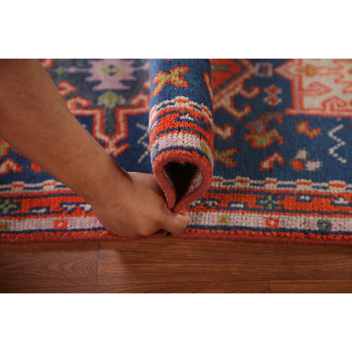 Blue Geometric Kazak Runner Rug Handmade Wool Carpet - 2'6"x 10'1"