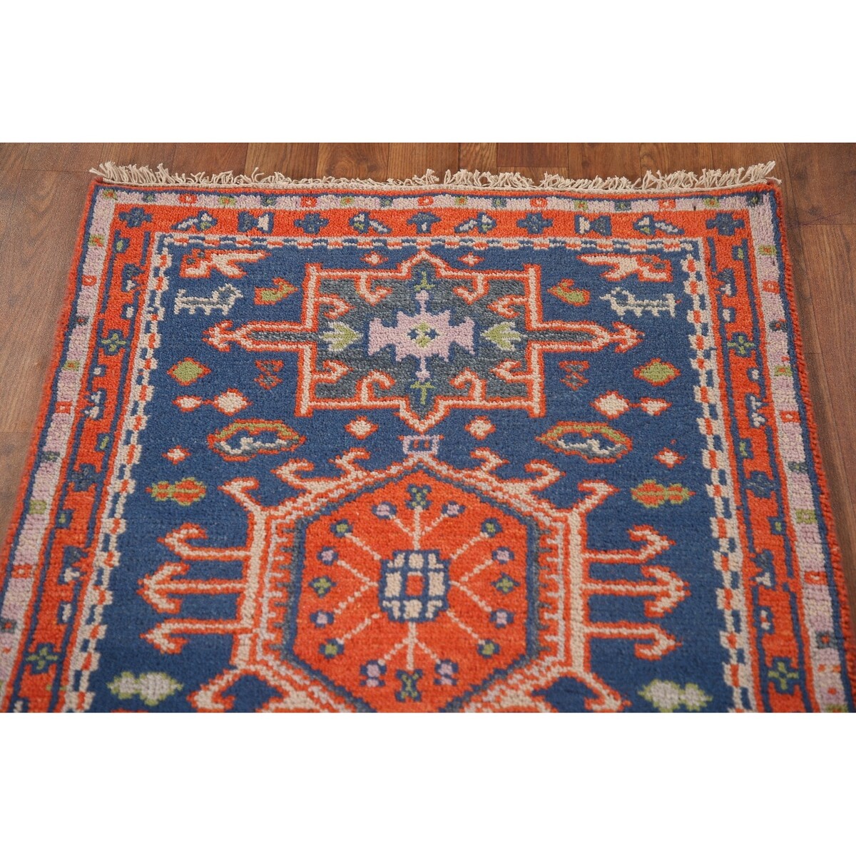 Blue Geometric Kazak Runner Rug Handmade Wool Carpet - 2'6"x 10'1"
