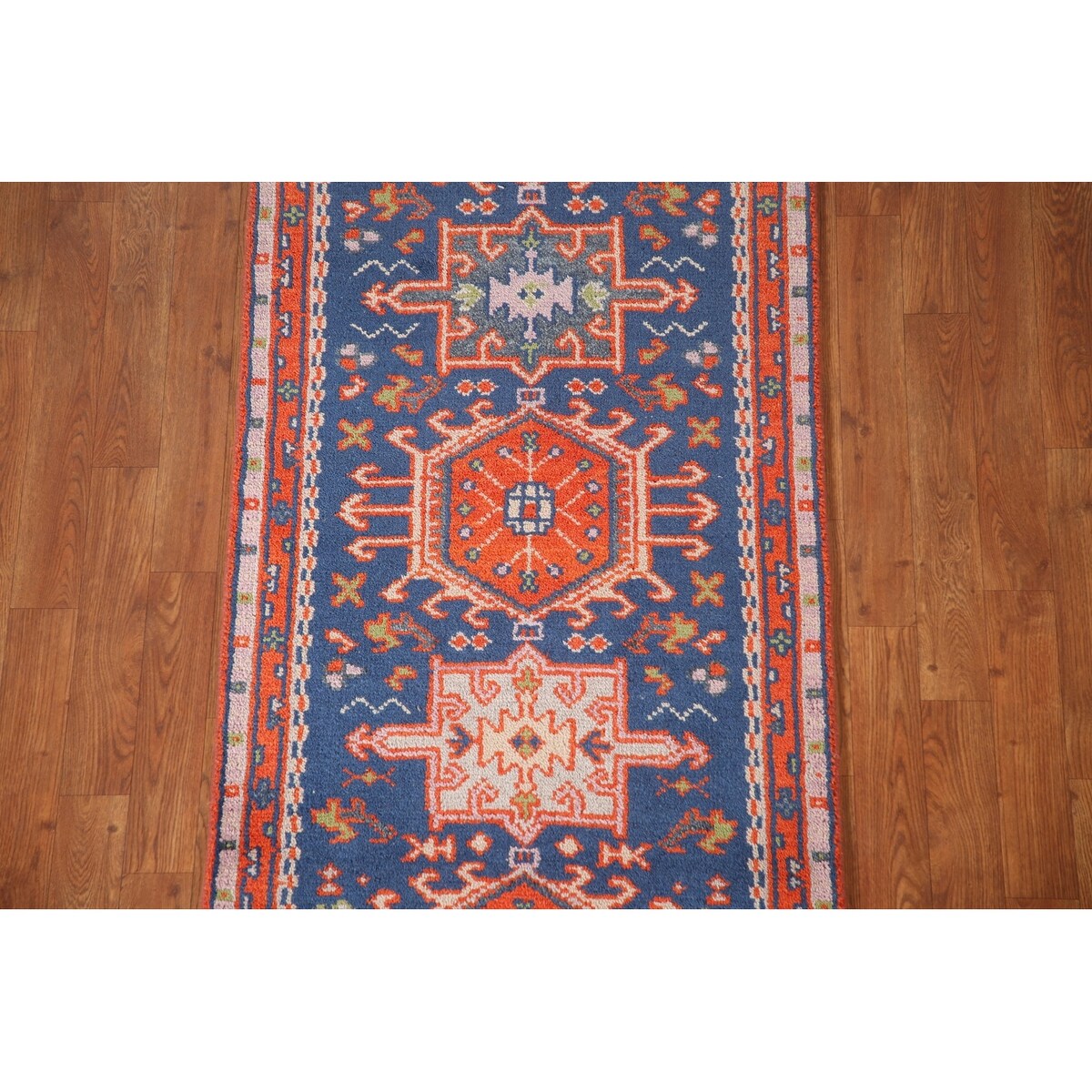 Blue Geometric Kazak Runner Rug Handmade Wool Carpet - 2'6"x 10'1"