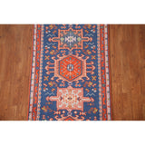 Blue Geometric Kazak Runner Rug Handmade Wool Carpet - 2'6"x 10'1"