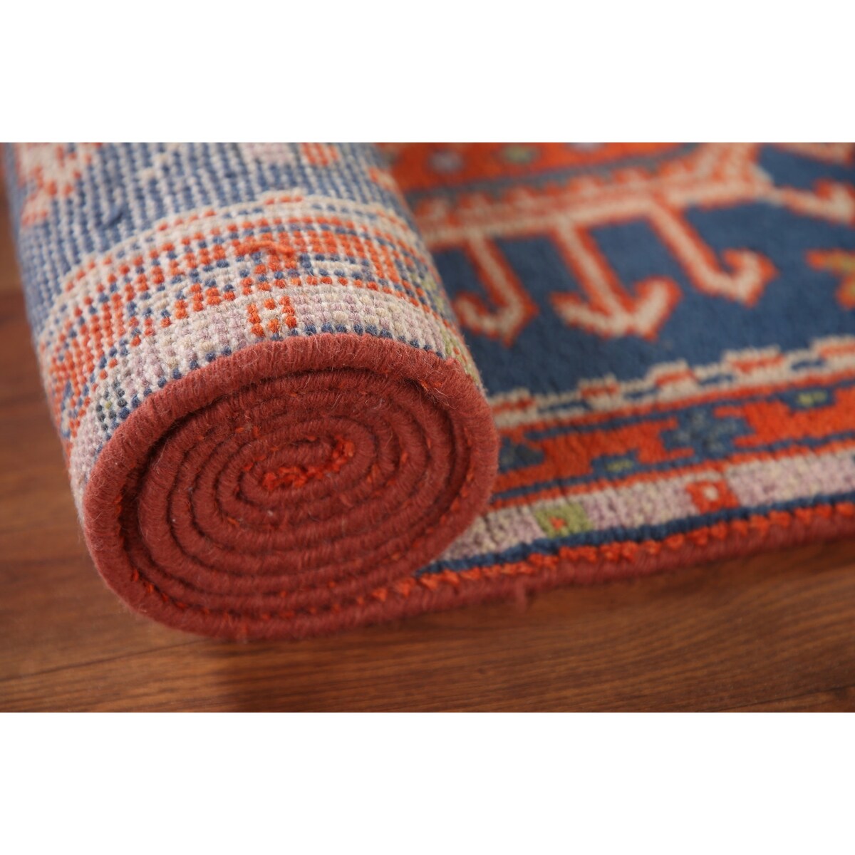 Blue Geometric Kazak Runner Rug Handmade Wool Carpet - 2'6"x 10'1"