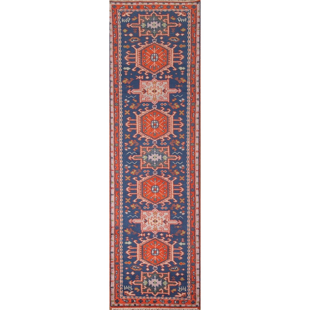 Blue Geometric Kazak Runner Rug Handmade Wool Carpet - 2'6"x 10'1"