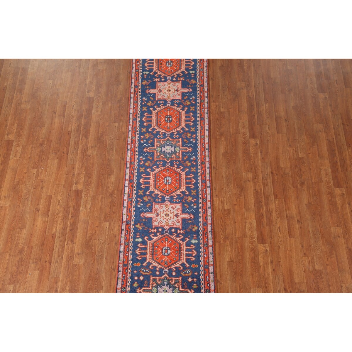 Blue Geometric Kazak Runner Rug Handmade Wool Carpet - 2'6"x 10'1"