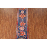 Blue Geometric Kazak Runner Rug Handmade Wool Carpet - 2'6"x 10'1"