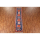 Blue Geometric Kazak Runner Rug Handmade Wool Carpet - 2'6"x 10'1"