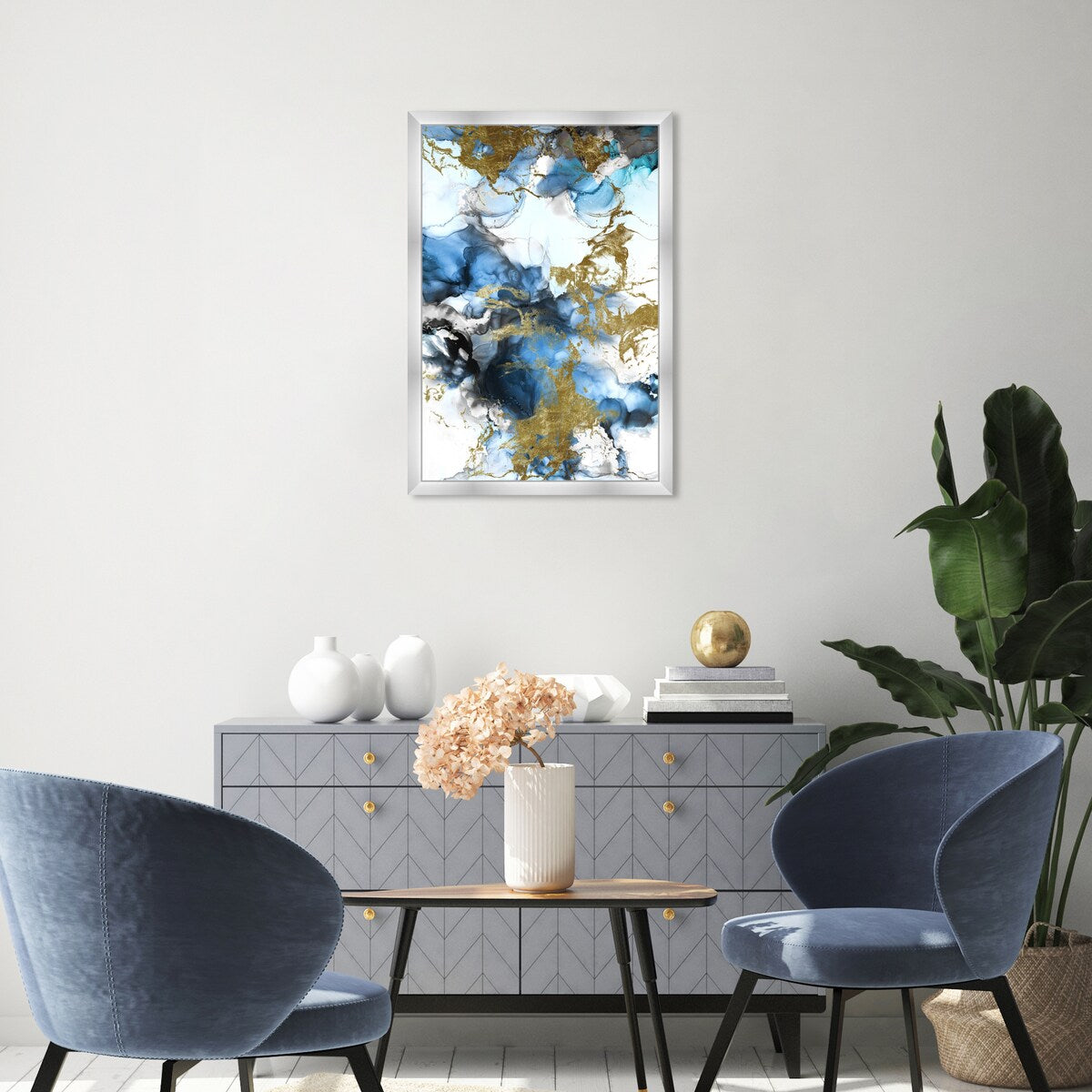 Blue Gold Abstract Shapes Coastal Framed Art Print for Bedroom