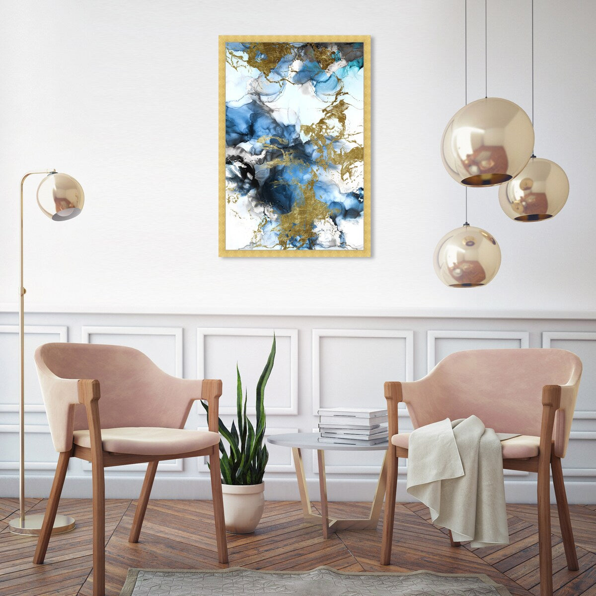 Blue Gold Abstract Shapes Coastal Framed Art Print for Bedroom