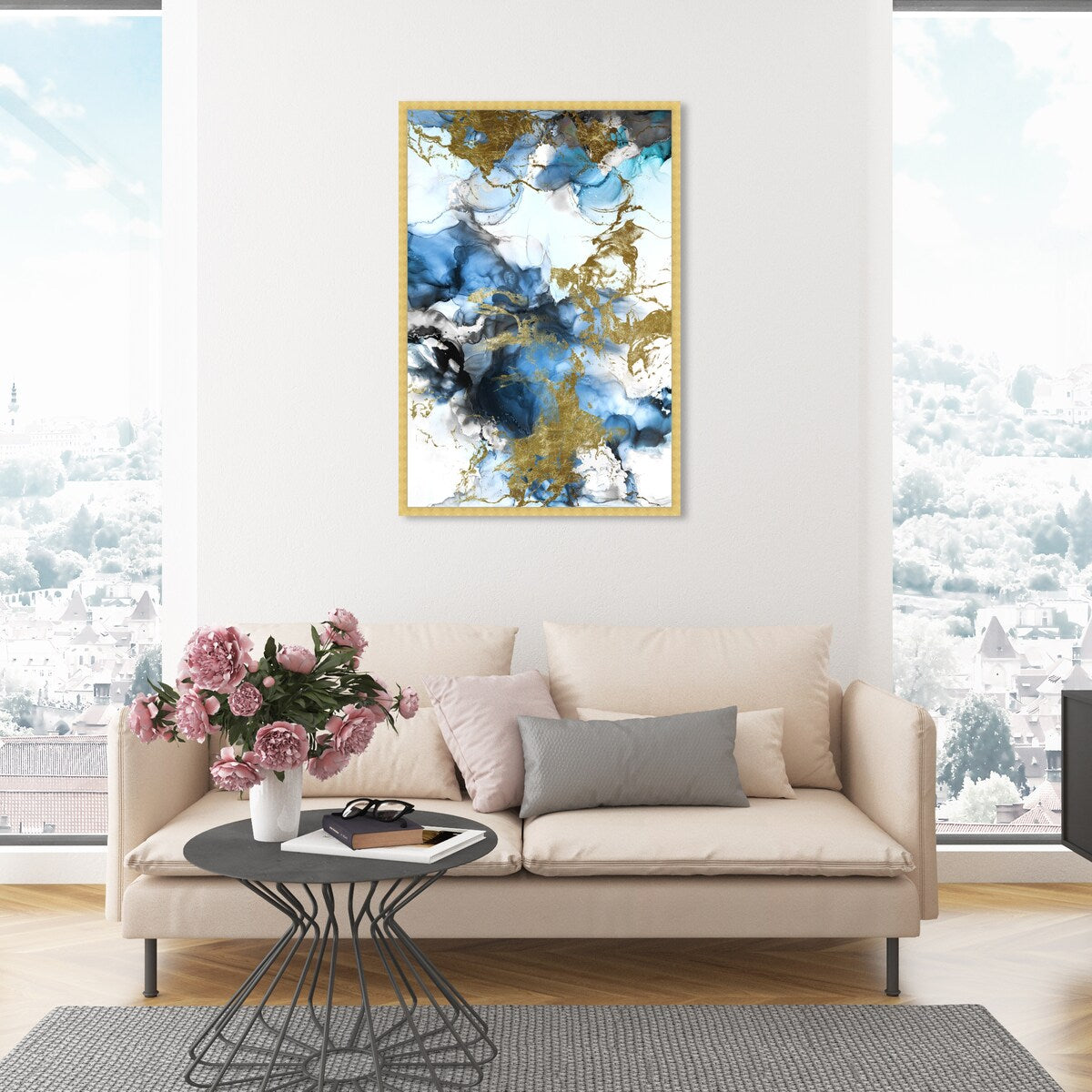 Blue Gold Abstract Shapes Coastal Framed Art Print for Bedroom