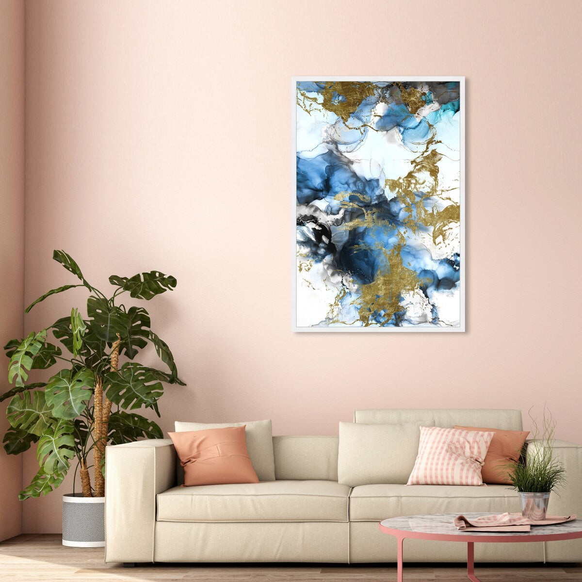 Blue Gold Abstract Shapes Coastal Framed Art Print for Bedroom