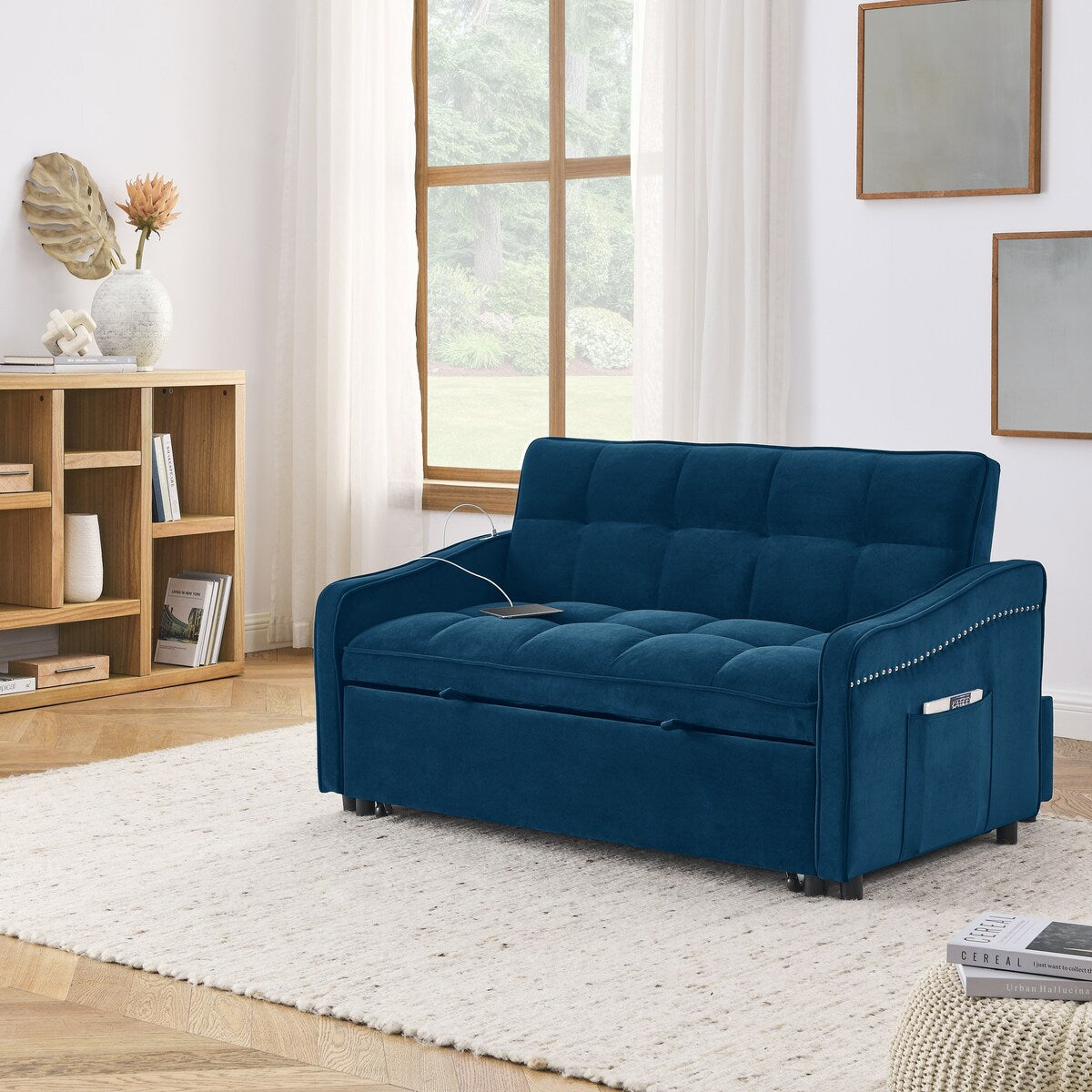Blue Loveseat Convertible Pull Out Sleeper Sofa Bed with Adjsutable Ba Overstock