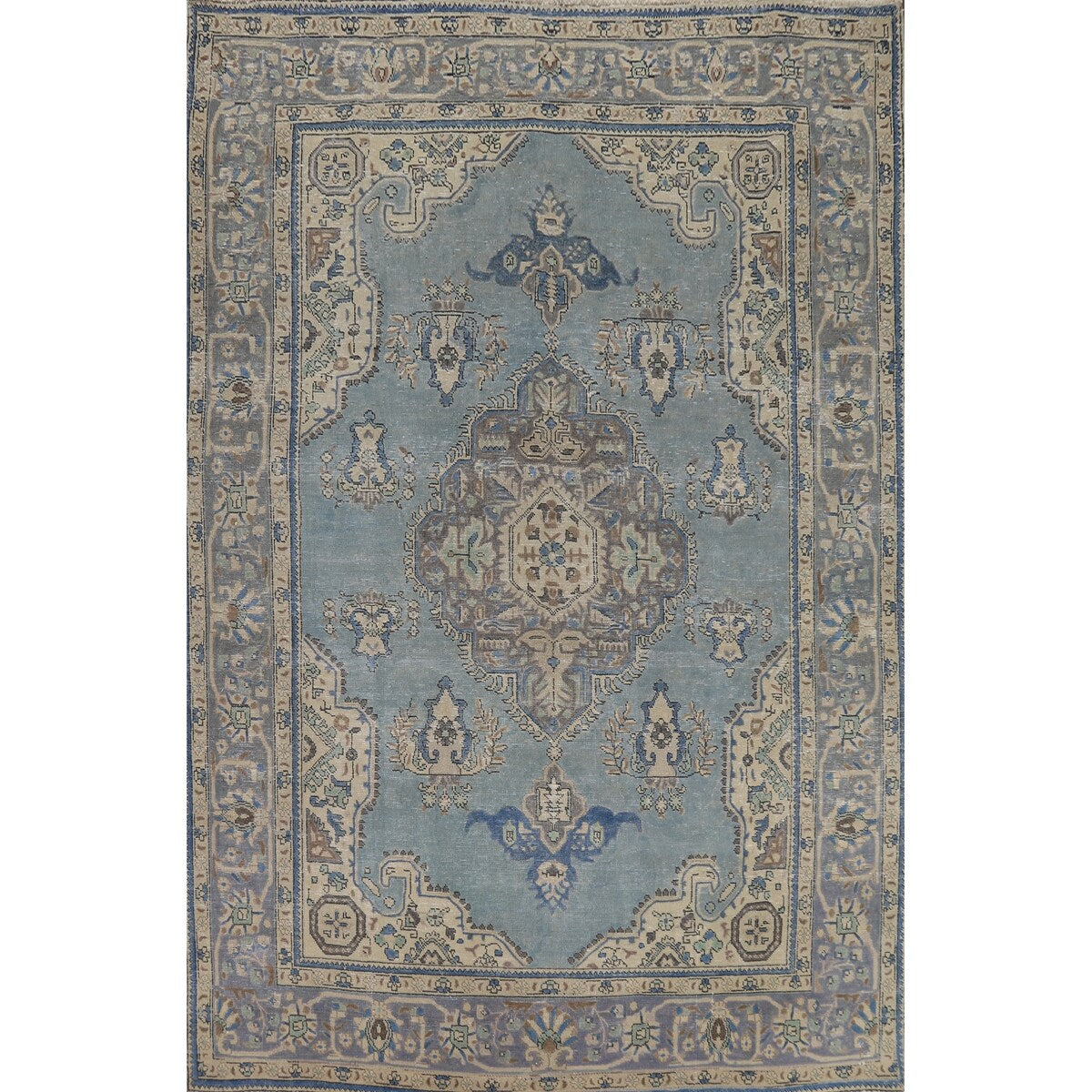 Blue Medallion Tabriz Persian Rug Hand-Knotted Geometric Wool Carpet - 6'6"x 9'10"