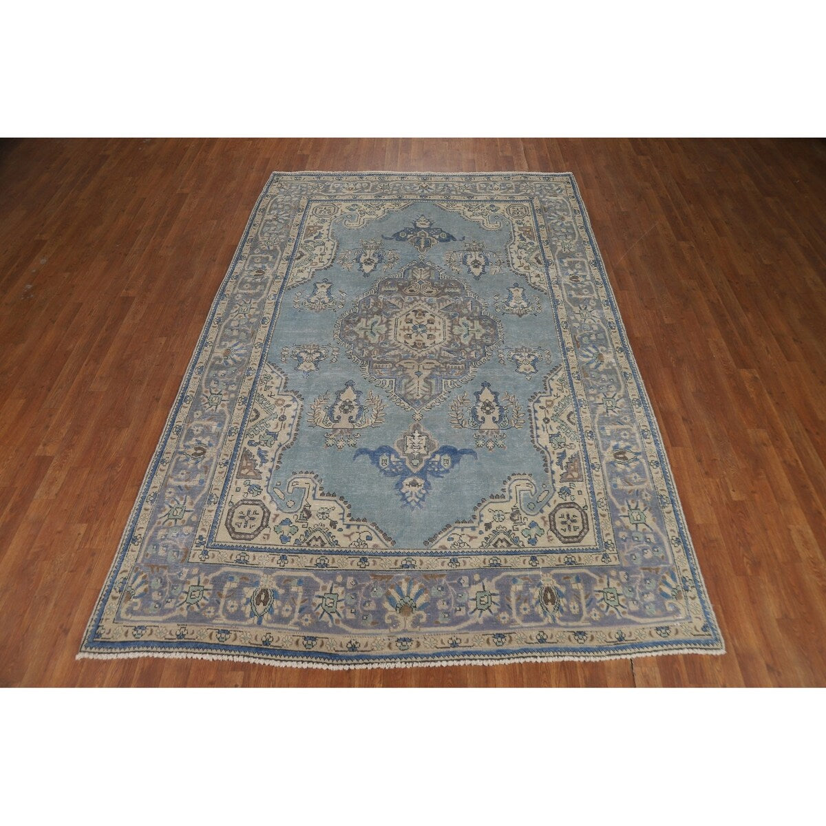 Blue Medallion Tabriz Persian Rug Hand-Knotted Geometric Wool Carpet - 6'6"x 9'10"