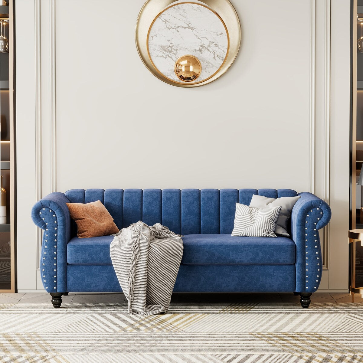 Blue Modern Dutch Fluff 82.5" Upholstered 3-Seater Sofa with Wood Legs