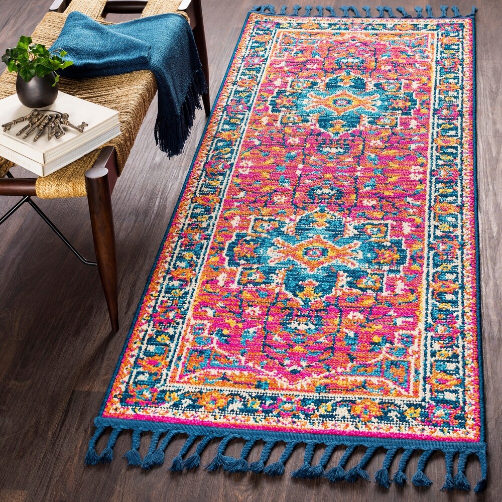Blue/Orange Boho Medallion Tassel Area Rug - 2'7" x 10' Runner