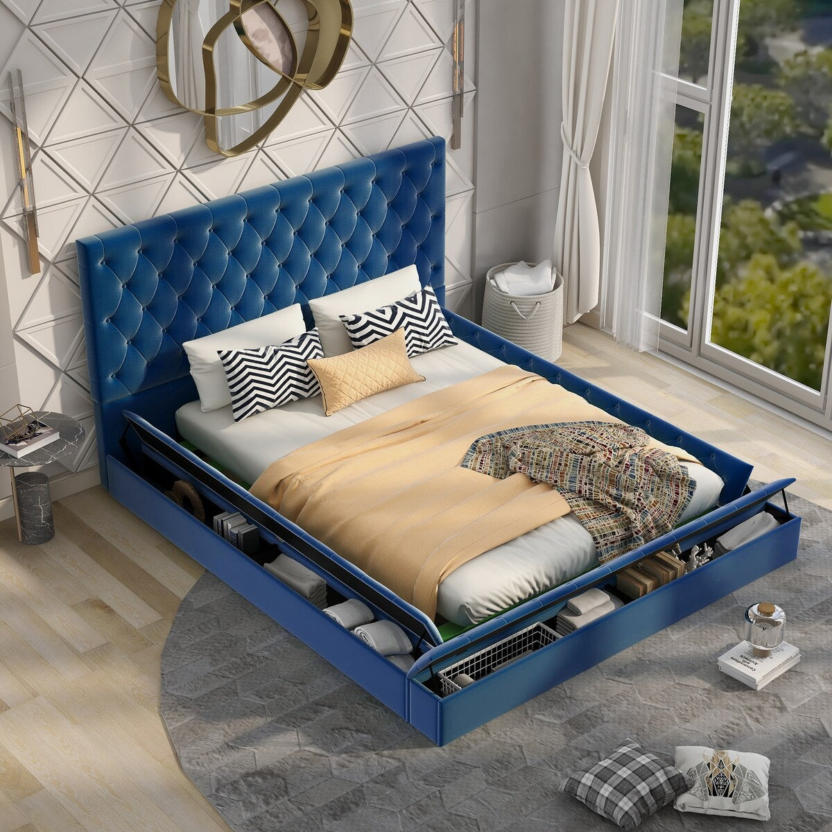 Blue Queen Size Low Profile Storage Platform Bed with Storage Space on Overstock