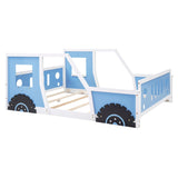 Blue Twin Size Pine Wood Car-Shaped Platform Bed with Doors, Windows, and Decorative Wheels