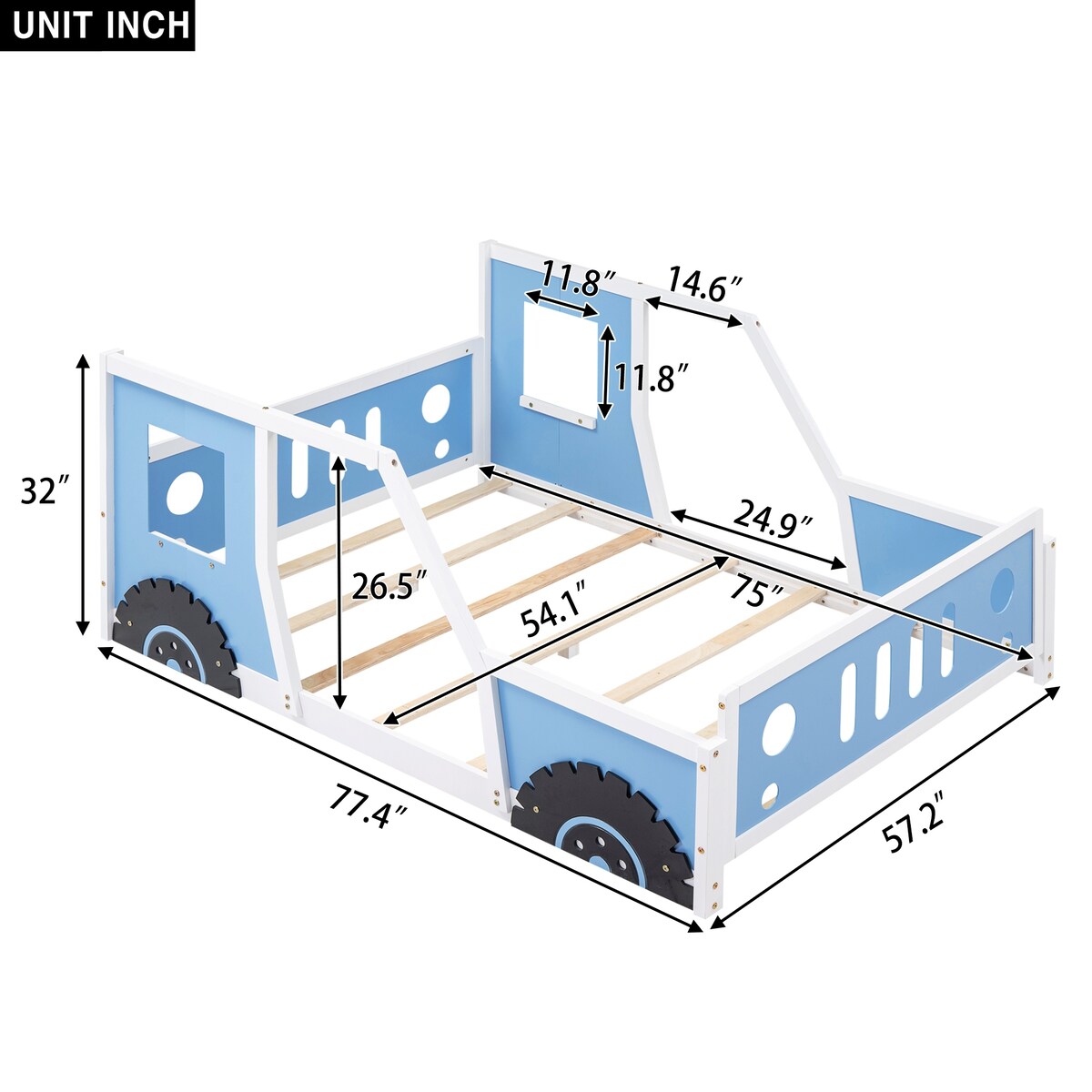 Blue Twin Size Pine Wood Car-Shaped Platform Bed with Doors, Windows, and Decorative Wheels