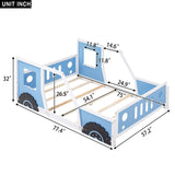 Blue Twin Size Pine Wood Car-Shaped Platform Bed with Doors, Windows, and Decorative Wheels