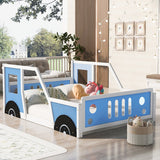 Blue Twin Size Pine Wood Car-Shaped Platform Bed with Doors, Windows, and Decorative Wheels