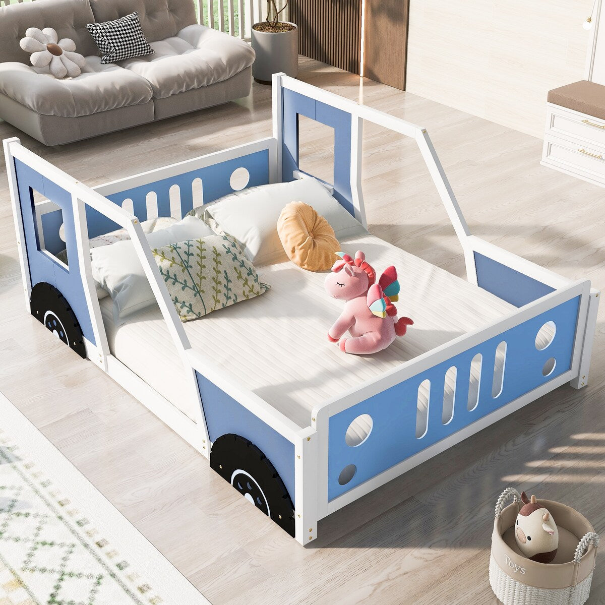 Blue Twin Size Pine Wood Car-Shaped Platform Bed with Doors, Windows, and Decorative Wheels