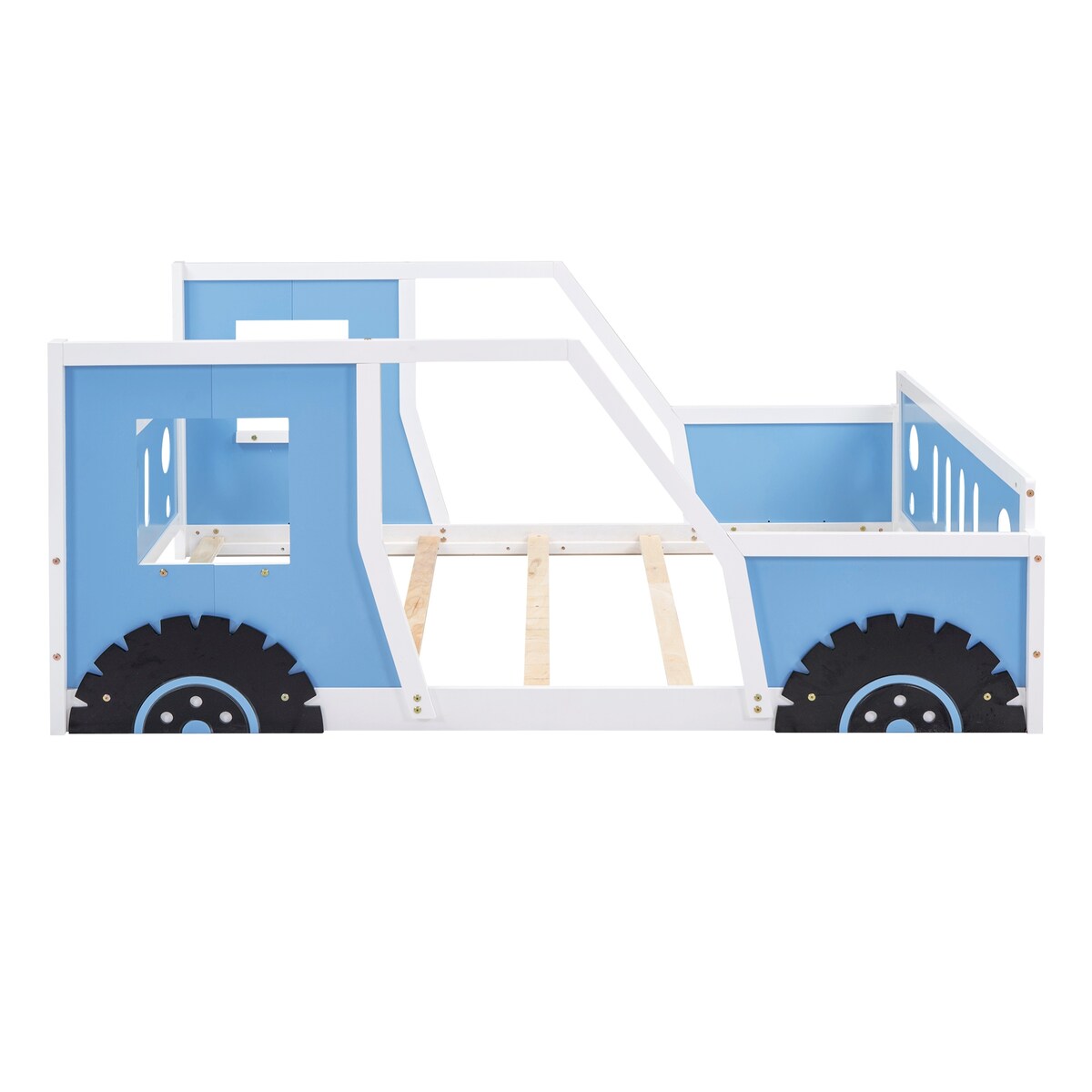 Blue Twin Size Pine Wood Car-Shaped Platform Bed with Doors, Windows, and Decorative Wheels